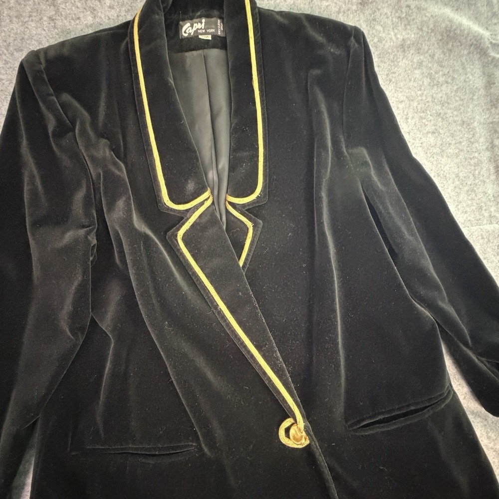 VTG Capri‎ New York Black Velvet Blazer Gold Trim Formal Evening Jacket XL